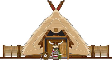 Cute Cartoon Viking Warrior And Homestead Norse History Illustration