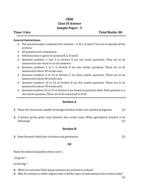 Sample Paper 5 Cbse Class Ix Science Sample Paper 5 Time 3 Hrs Total Marks 80 General