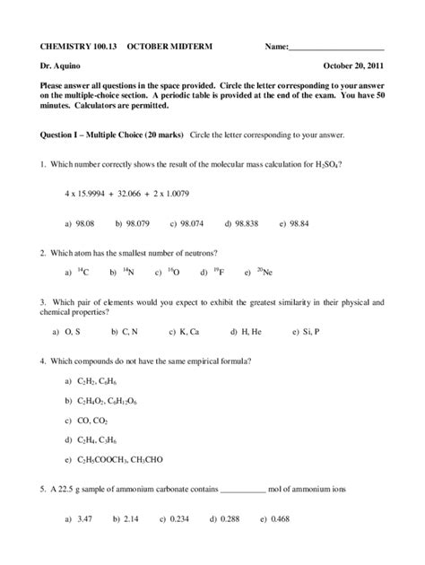 Fillable Online People Stfx Chemistry October Midterm Name Dr