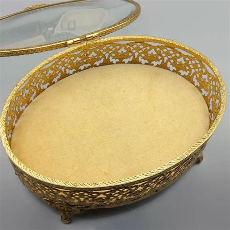 Gold Ormolu Filigree Jewelry Casket Box Vintage Oval Gem