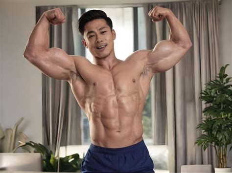 Premium Photo Muscle Asian Guy Shirtless Flexing Biceps Smiling And Looking At Camera With