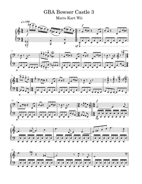 Gba Bowser Castle 3 Mario Kart Wii Sheet Music For Piano Solo