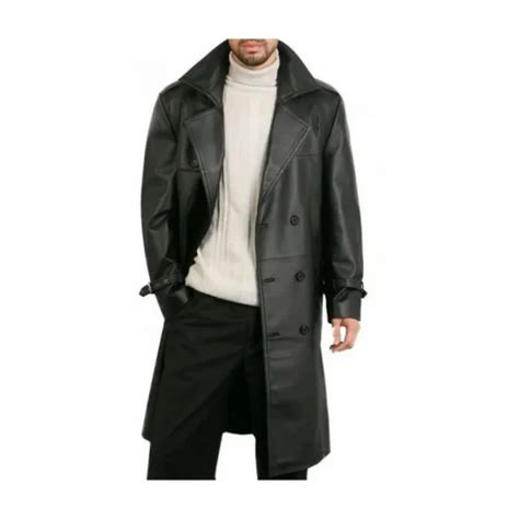 Augusta Guys Black Double Breasted Leather Overcoat