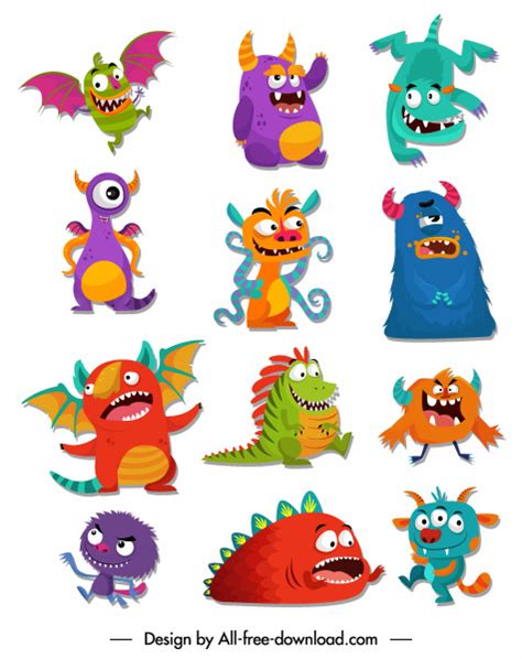 Monsters Icons Funny Cute Cartoon Characters Colorful Design Vectors