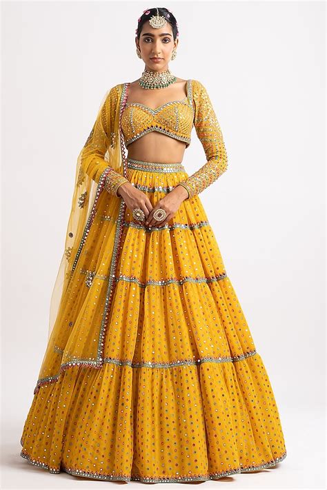 Yellow Georgette Tiered Wedding Lehenga Set By Vvani By Vani Vats At