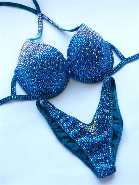 IFBB Competition Bikini Blue Crystallized Bikini Suit Custom Crystal Bikini Practice Posing Suit