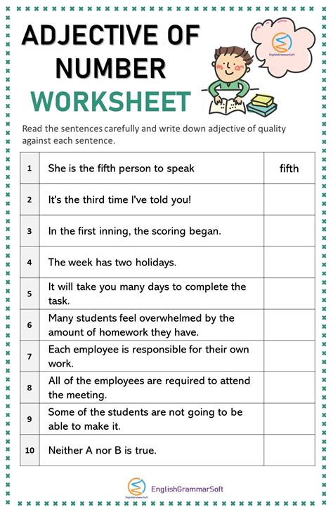 Adjective Of Number Examples List Worksheet Englishgrammarsoft