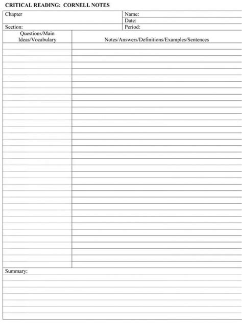 Sample Of Free Cornell Note Templates With Cornell Note Taking Note