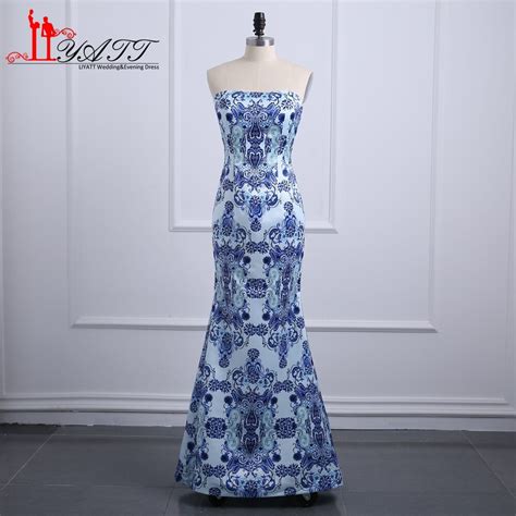 2017 New Fashion Pattern Print Prom Dresses Blue Robe De Soiree Formal