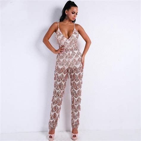 Womens Jumpsuit V Neck Harness Sequin Backless Tassel Elegant