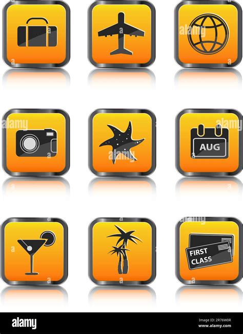 Orange Travel Icon Luggage Airplane Palm Cocktail Isolated On White Background Stock Vector