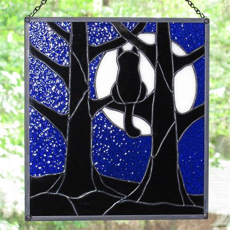 Stained Glass Black Cat Full Moon Hanging Panel Etsy Stained Glass