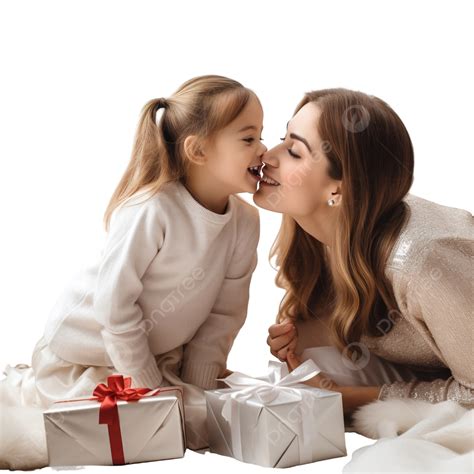 Girl Gives A Kiss Cheerful Mother And Daughter Sitting Near The