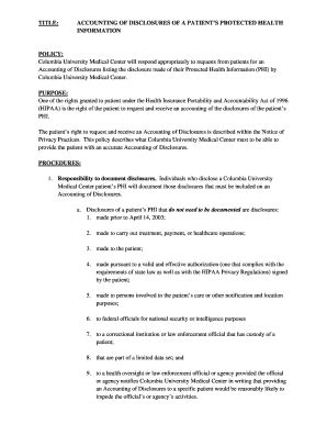 Fillable Online Cumc Columbia ACCOUNTING OF DISCLOSURES OF A PATIENTS