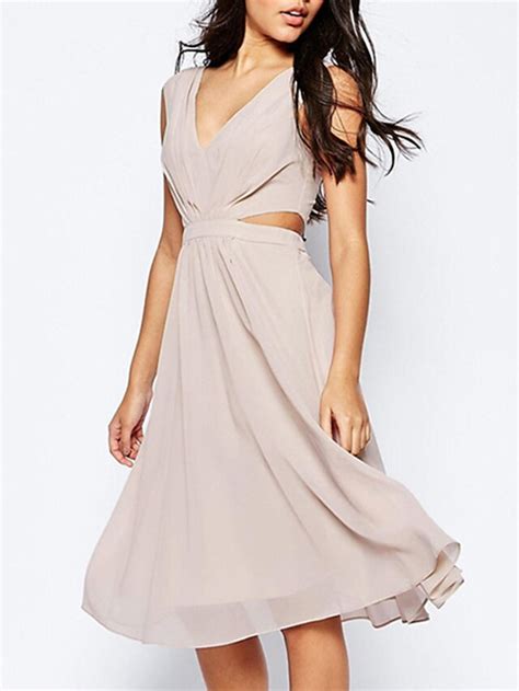 A Line Wedding Guest Dresses Cut Out Dress Party Wear Tea Length Sleeveless V Neck Chiffon With