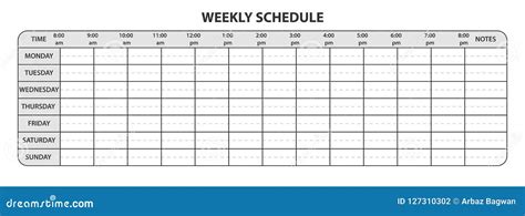 Weekly Schedule with Working Hours and Extra Space for Notes Stock ...