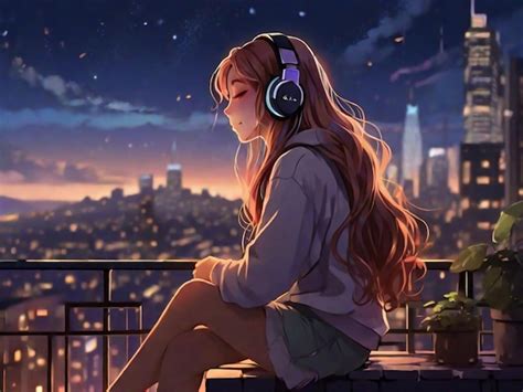 Premium AI Image | Sad Anime Girl Listening Music Lofi Night