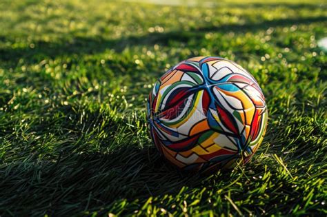 A Multi Colored Soccer Ball Casts A Soft Shadow On The Textured Grass During A Sunset Evoking