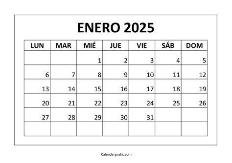 Enero 2025 Calendario Pearl R Mack