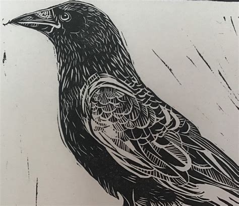 Crow Linocut Corvid Bird Linoprint Monochrome Black And White Etsy