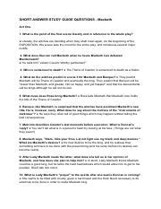 SHORT ANSWER STUDY GUIDE QUESTIONS Macbeth Pdf SHORT ANSWER STUDY