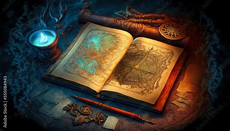 Fantasy Background With Ancient Magic Book And Map Stock Illustration