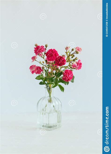 Romantic Bouquet Of Pink Roses In A Glass Vase On A White Background