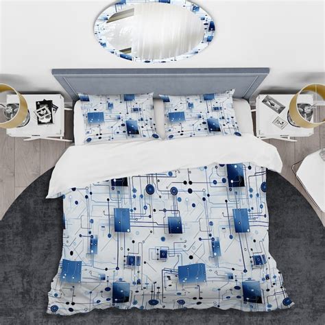 Designart Industrial Blue Matrix Geometric Pattern White Modern Bedding Cover Set With 2 Shams