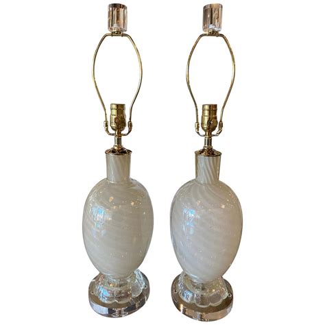 Vintage Pair Murano Glass White Opaline Gold Swirl Sparkle Table Lamps Restored For Sale At 1stdibs