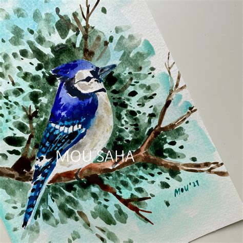 Blue Jay Watercolor On Paper 68 Inches ORIGINAL PAINTING By Mou