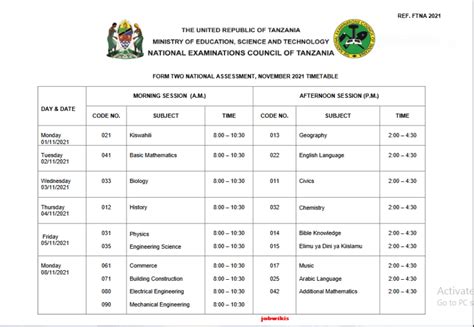 Necta Form Two National Assessment Examination Timetable 2021