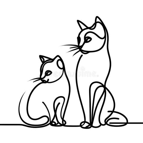 A Black And White Continuous Line Drawing Of Two Cats Sitting Next To Each Other One Of The