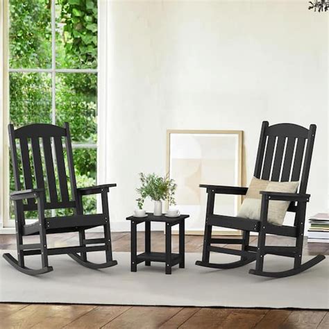 Lue Bona Black Plastic Adirondack Outdoor Rocking Chair With High Back