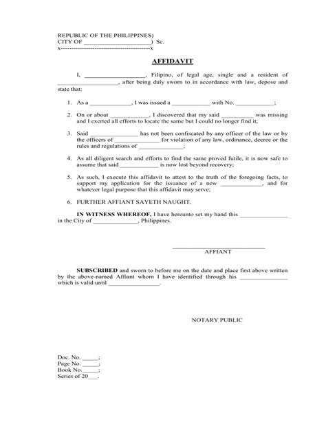 Affidavit Of Loss General Form