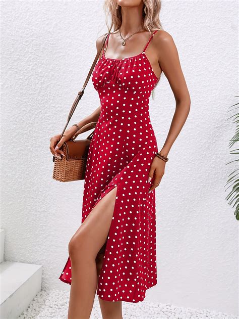 New Polka Dot Print Suspender Dress Summer Sexy Slit Long Dresses For