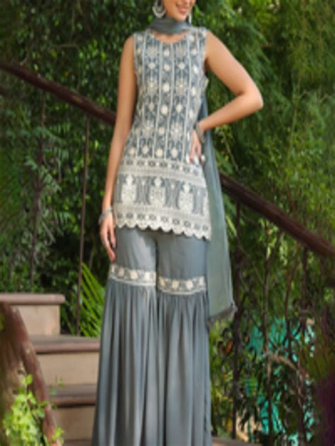 Buy Juniper Floral Embroidered Sleeveless Georgette Kurta With Sharara