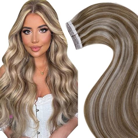 Laavoo 18inch Tape In Real Human Hair Extensions Highlights Light Brown Hair Extensions Tape In