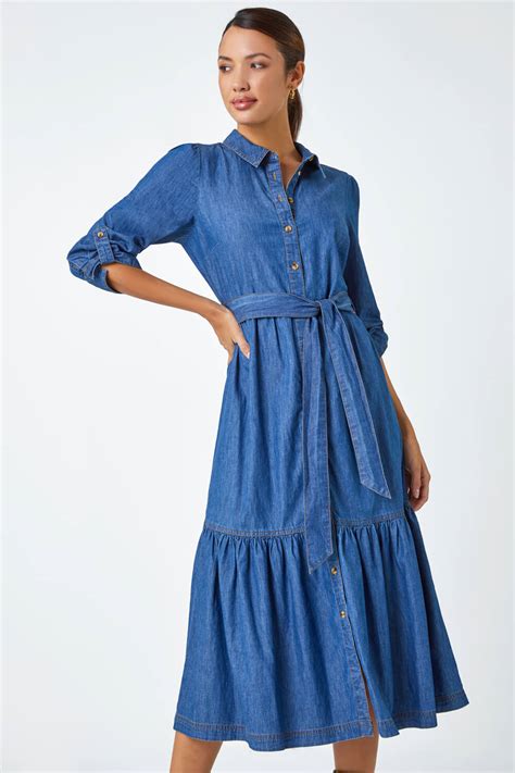 Denim Cotton Denim Tiered Midi Dress Roman Uk