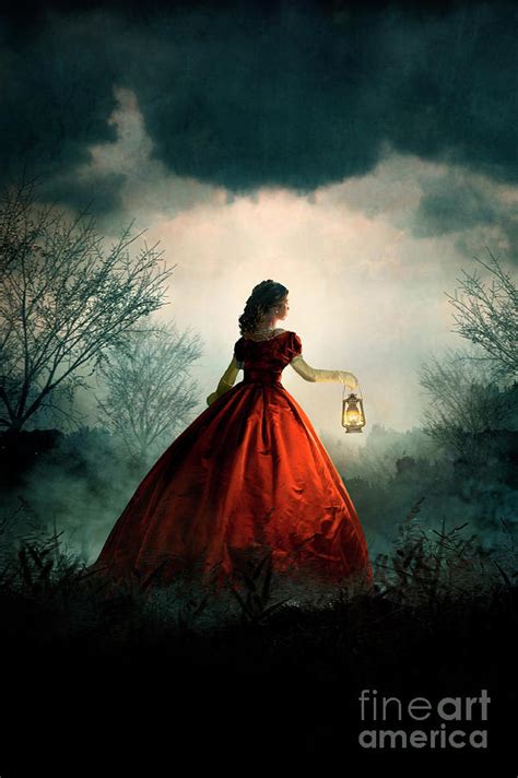 Victorian Woman In A Red Dress With A Lantern At Night Photograph By