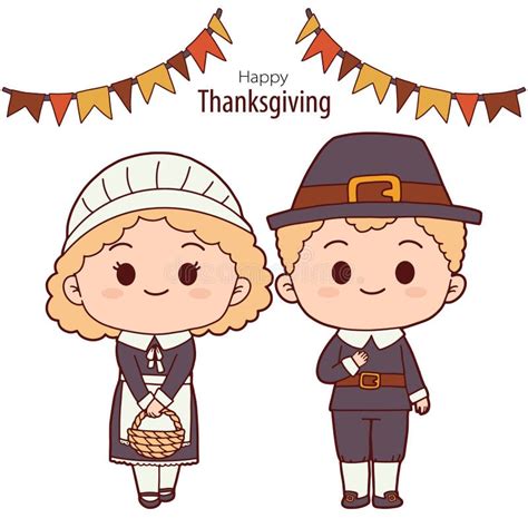 Thanksgiving Hand Drawn With Thanksgiving Pilgrims Costume Cartoon Character Vector Stock Vector