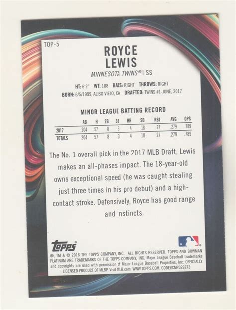 2018 Bowman Platinum TOP PROSPECTS TOP 5 ROYCE LEWIS RC Rookie