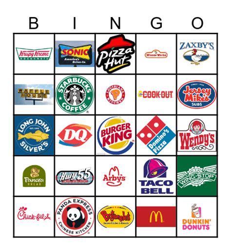 Fast Food Bingo Card