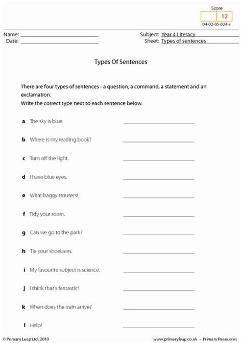 4 Types Of Sentences Worksheet