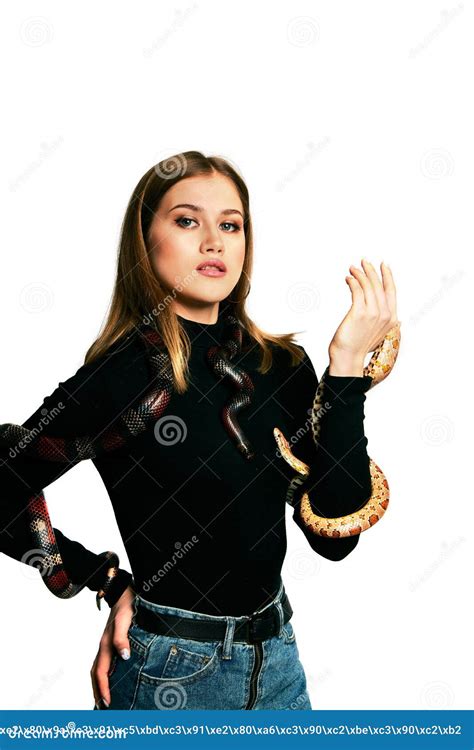 Beautiful Woman In Black Bodywear And Snake Blonde Model Girl With Fashion Perfect Make Up