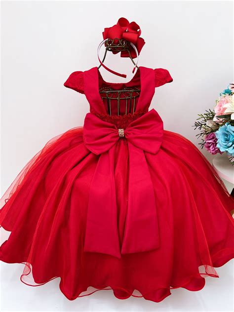 Vestido Infantil Vermelho Tule Cinto Pérolas Luxo Festas Rosa