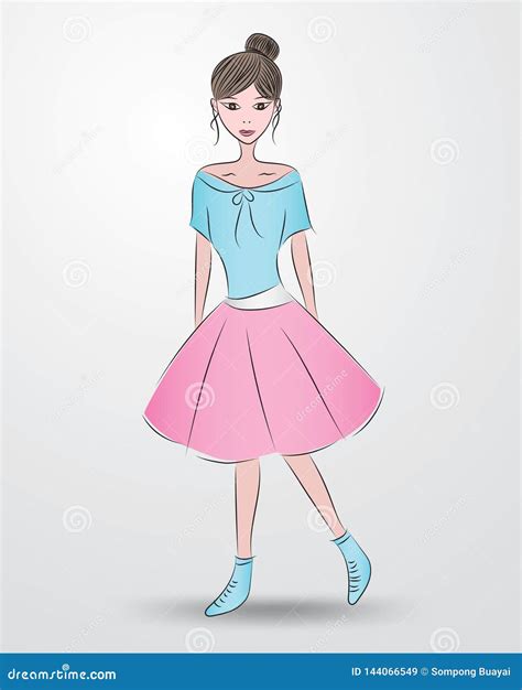 Beautiful Fashion Model, Cute Girl in Beautiful Dress, Cartoon, Sketch Drawing, for Cosmetics ...