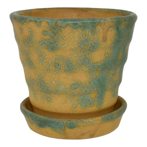 Burley Winter 1930s Arts And Crafts Pottery Green Yellow Flower Pot