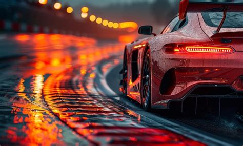 Premium Photo Sports Car Driving On Wet Road With Headlights On