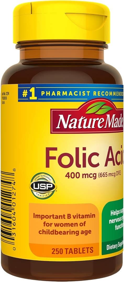 Nature Made Ácido fólico 400 mcg 665 mcg DFE suplemento dietético