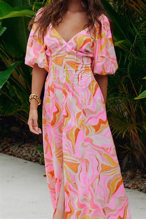 Summer Sexy Boho Style Elegant Printed V Neck Slit Maxi Dress